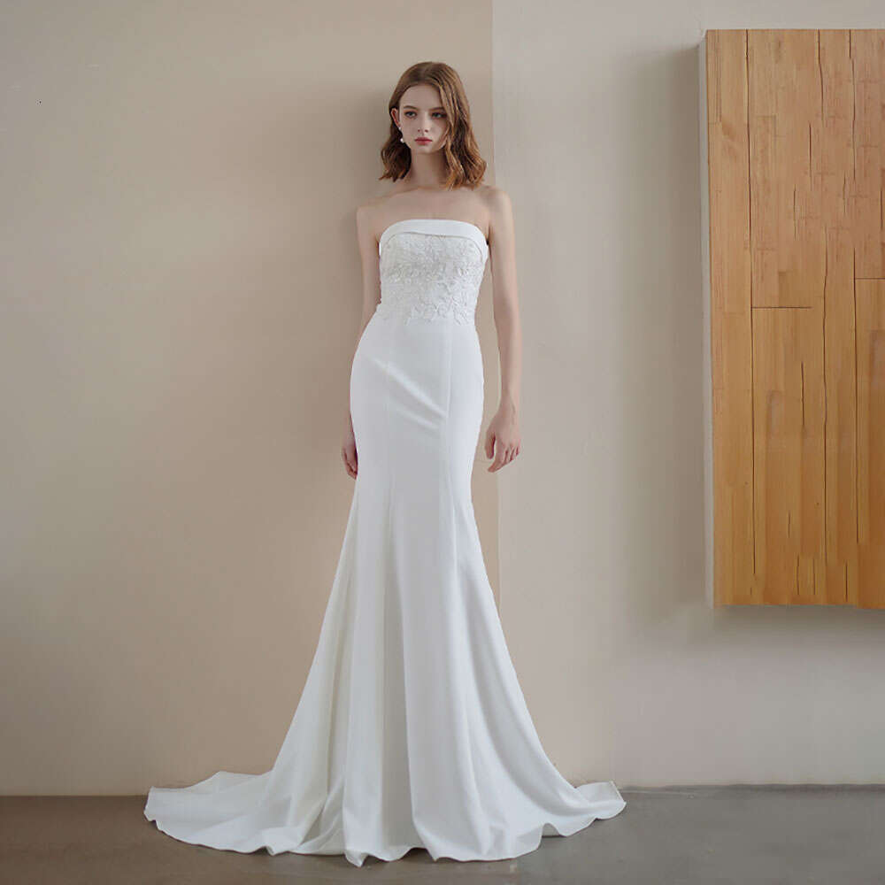 Sexy Strapless Mermaid Little Train Wedding Dress Lace Applique Studded Beaded Bridal Gown