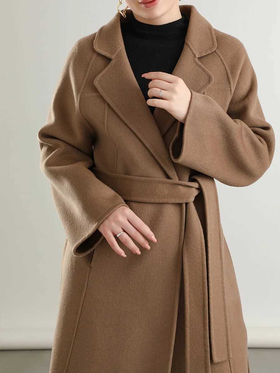 Women Classic 100% Wool Long Coat Turn-down Collar Belt Double Layer Wide Notch Lapel Full Sleeve Overcoat 22 Fall Winter #17X241009