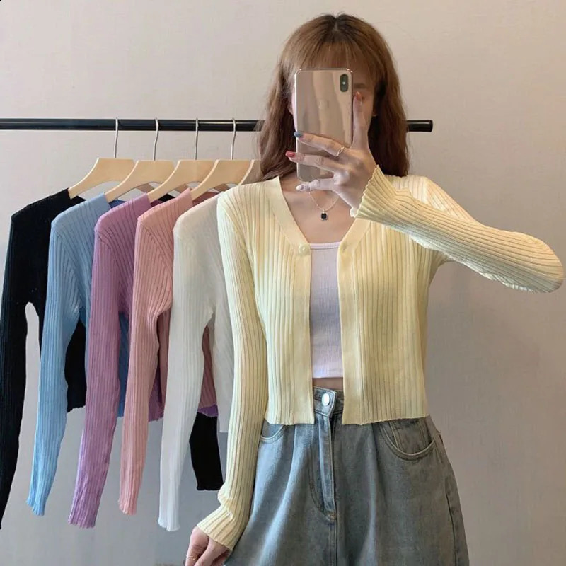 Xpqbb Knitted Cardigan for Women Korean Chic Single Buckle Cropped Cardigans Woman Autumn Ribbed Long Sleeve Vneck Sweater Coat 241007
