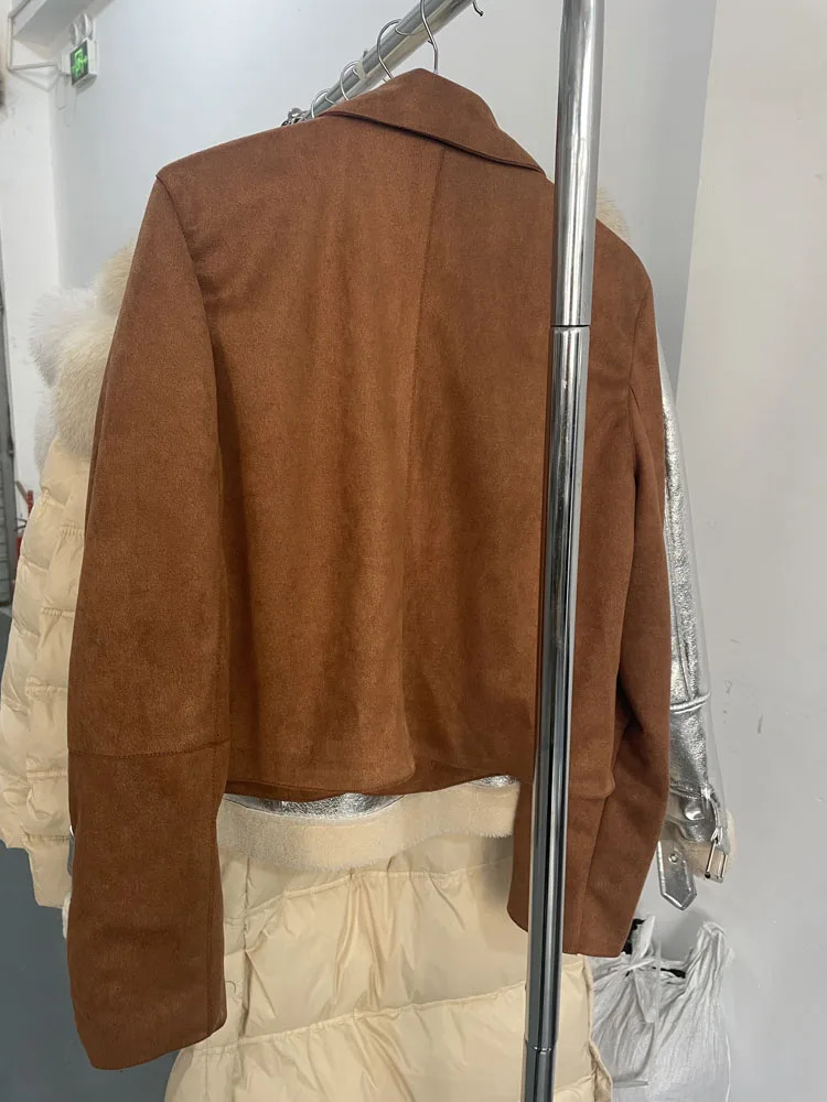 RR3359 Womens Short Leather Suede Jacket Collar Long Sleeve Spring Jacket Waterproof Cloth Zaba Womens 3-Button Front 241009