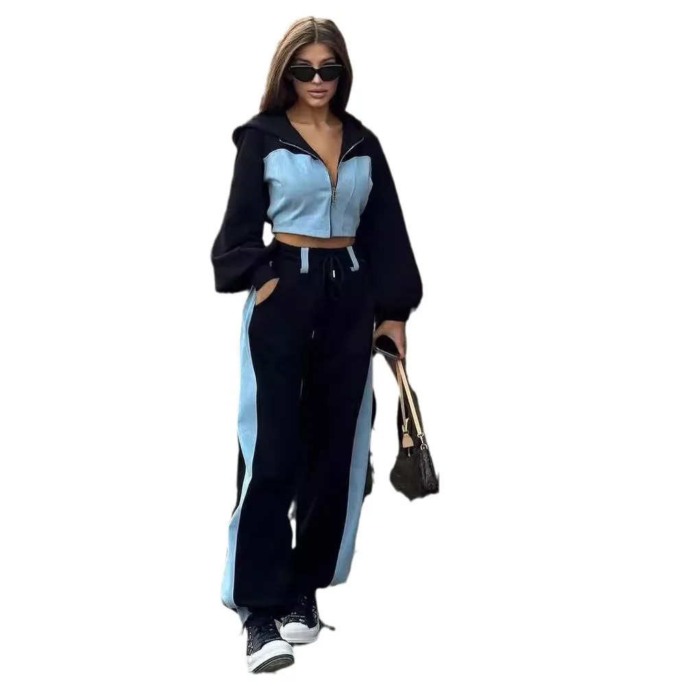 Autumn womens sports and leisure 2piece set denim splicing work spring zipper hooded shirt straight leg pants twopiece 240929