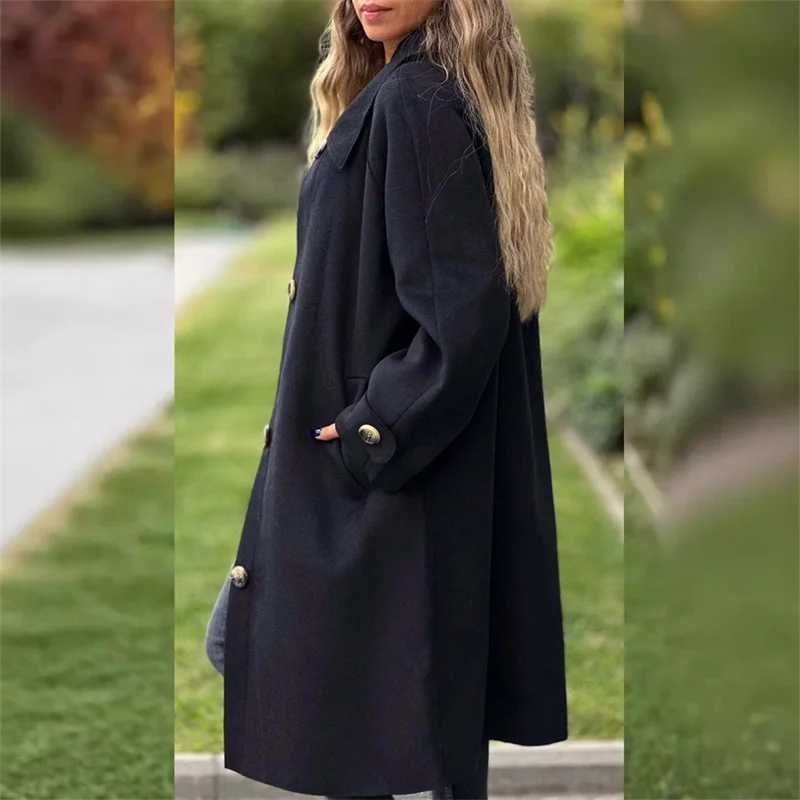 Autumn Winter Single-breasted Cardigan Tweed Jacket Women Large Lapel Double Pockets Long Outerwear Female Casual Commuter CoatX241009