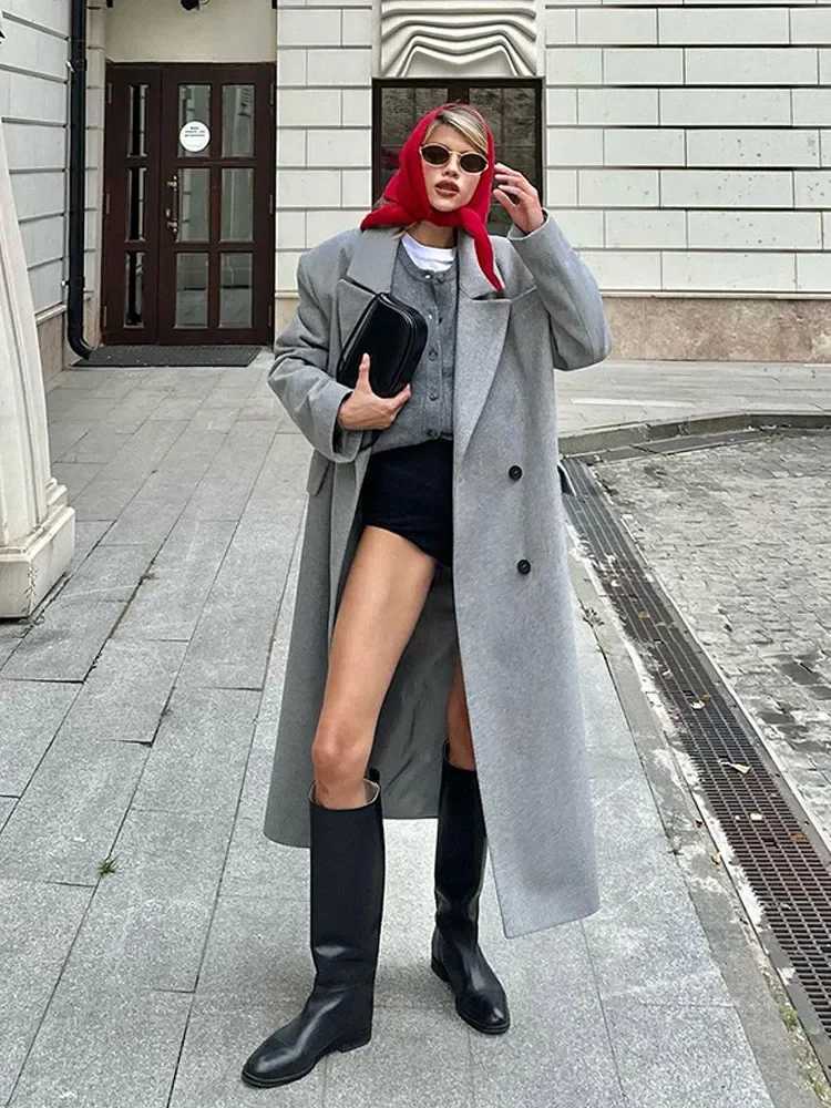 Grey Double-breasted Oversized Woolen Coat Women Fashion Lapel Long Sleeved Pockets Jacket Autumn Winter New Lady Warm OuterwearX241009