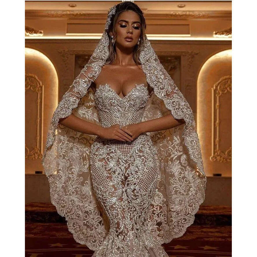 Wedding Mermaid Lace Applique Dresses 2022 Sweetheart Illusion Zipper Back Sweep Train Bride Dress Vestido De Noiva