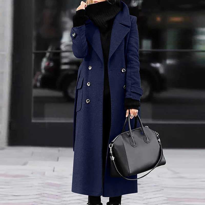 Office Elegant Single-breasted Long Jackets Fashion Turn-down Collar Woolen Outwear Women Causal Long Sleeve Solid Straight CoatX241009