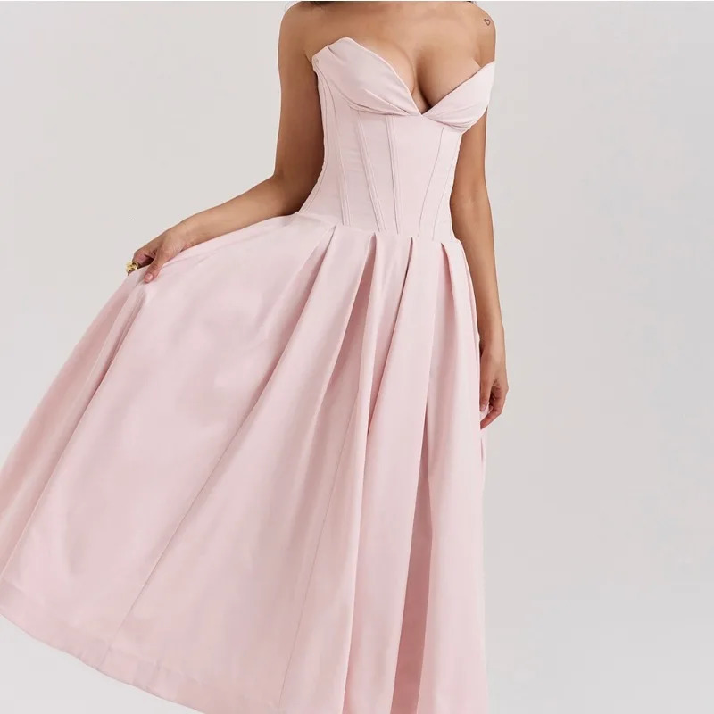 2024 Lady Strapless Midi Dres Sexy Summer Dresses Solid Color Fishbone Corset Graceful Birthday Evening Dress Vestidos 241009