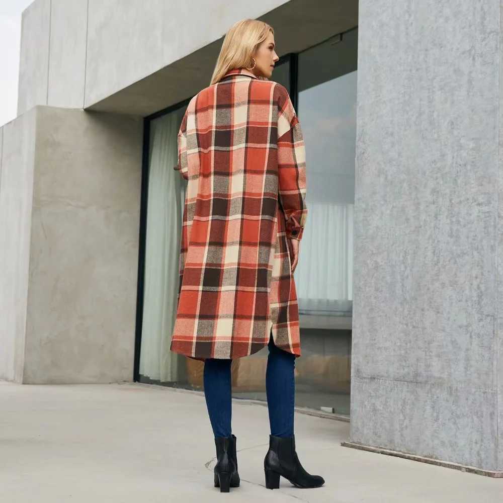 2024 New Autumn Shirt Coats Side Slit Lapel Loose Woolen Y2K Wool Trench Coat Women Long Sleeve Plaid Coat Pockets Shirt JacketsX241009