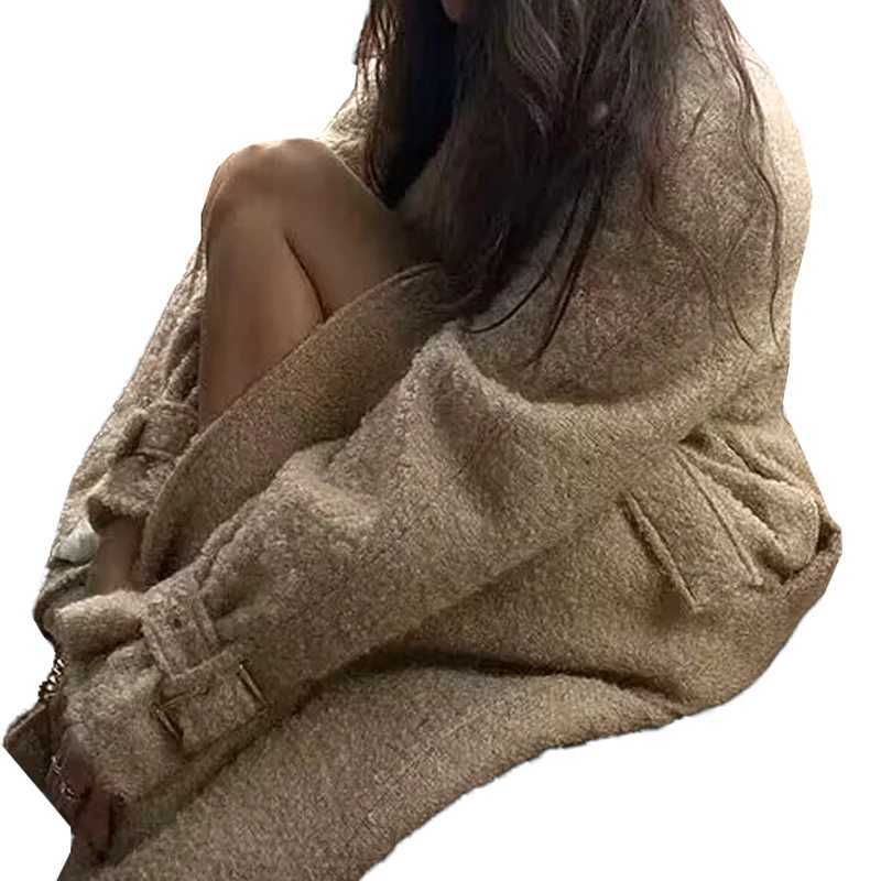 Womens Mid to Long Length Coat with Looped Woolen Coat with Pocket Decoration and Belt Simple and Versatile Style NewX241009