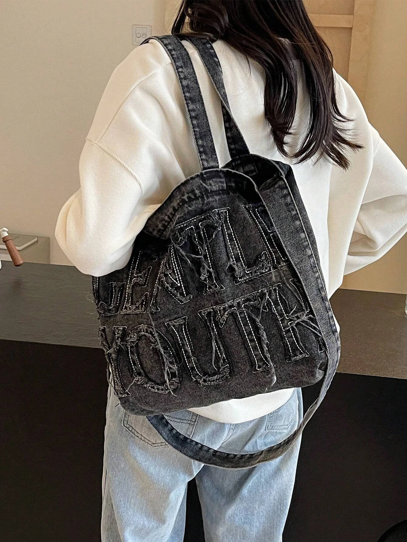 Minimalist Style Raw Edge Letter Design Jeans TLXT Canvas Tote Bag, Solid Color Large Capacity Shoulder Bag, Suitable For Women