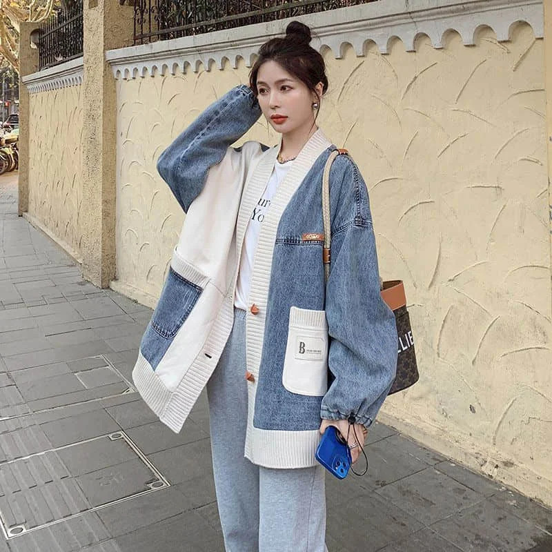 Womens loose denim knitted patch work V-neck oversized baseball cardigan long sleeved jacket womens top 240930