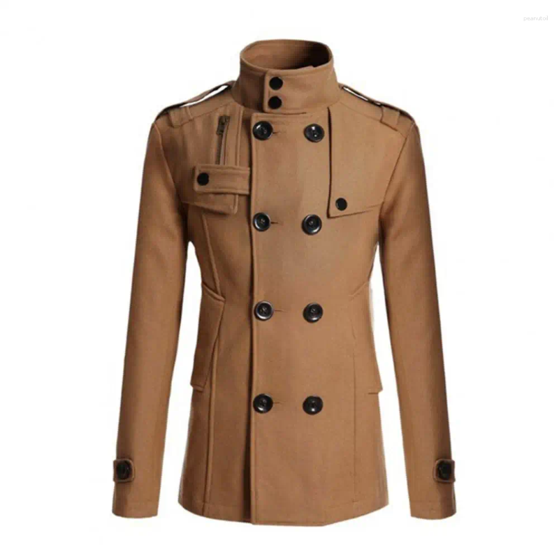 Men's Trench Coats Men Woolen Coat Stand Collar Long Sleeve Windbreaker With Double-Breasted Closure Pockets Solid Color Mid-Length Outwear B4