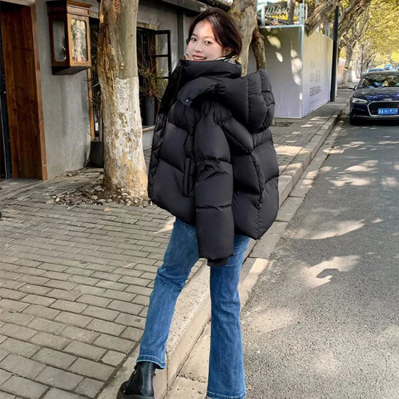 Ins Fashion Down Cotton Jacket Hooded Thick Short Cotton Jacket Winter Loose Bread Clothing Cotton Jacket 241007
