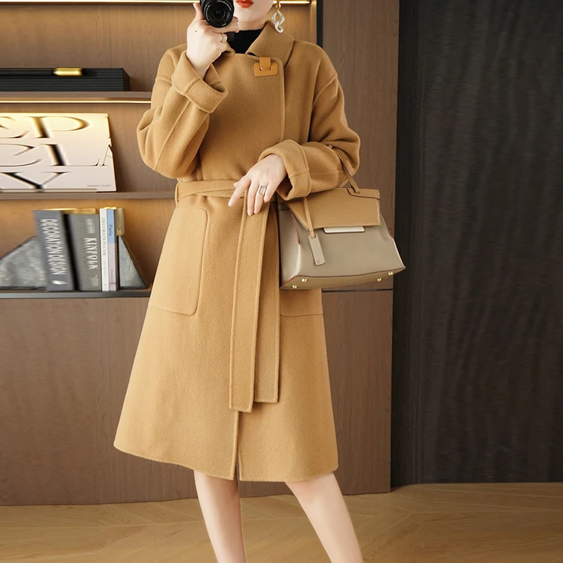 Autumn and Winter Solid Color Woolen Coat for Women Medium to Long Loose Bathrobe Double sided 240930