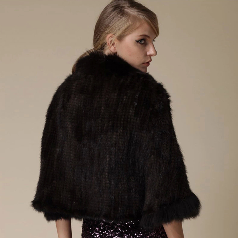 New Real Genuine Natural Knitted Mink Shawl Coat With Fox Fur Collar Womens Fashion Knit Jacket Cape