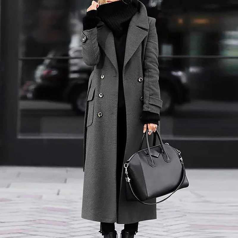 Office Elegant Single-breasted Long Jackets Fashion Turn-down Collar Woolen Outwear Women Causal Long Sleeve Solid Straight CoatX241009