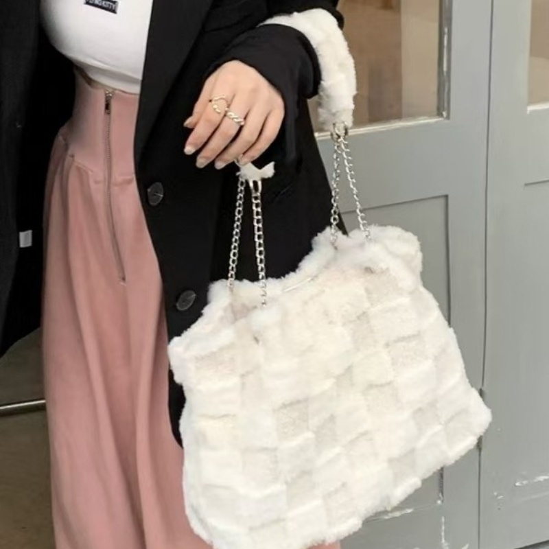 Small white plush bag women's shoulder bag casual Tote bag Student autumn and winter large capacity bag all-in-one underarm bag