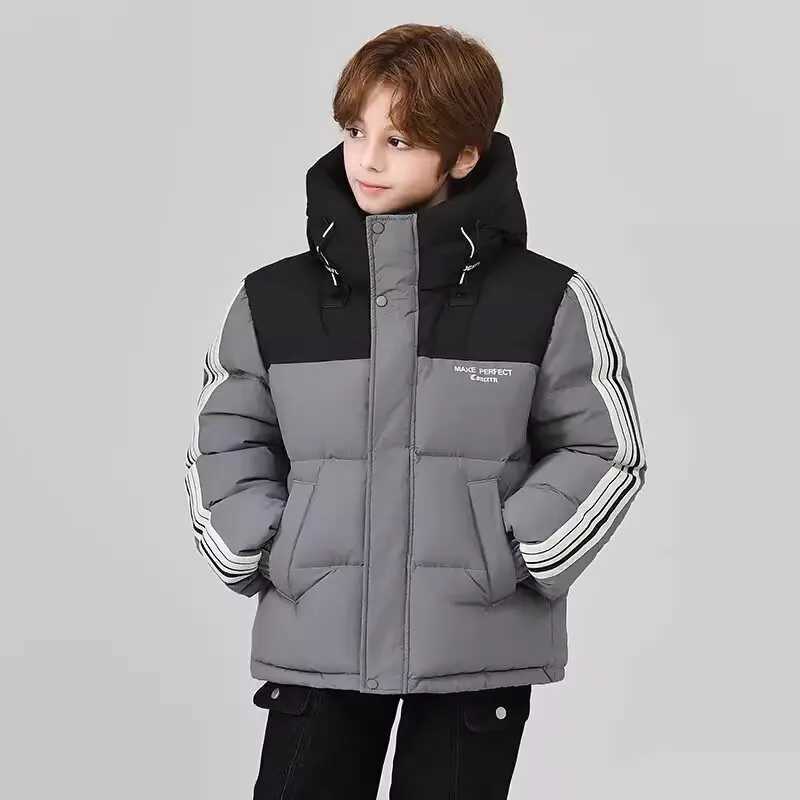 Winter Children Girl Down Jacket Loose Solid Stripe Sleeve ToddlerBoys Snowsuit Thicken Warm Hooded Junior Girl Coat LX241009