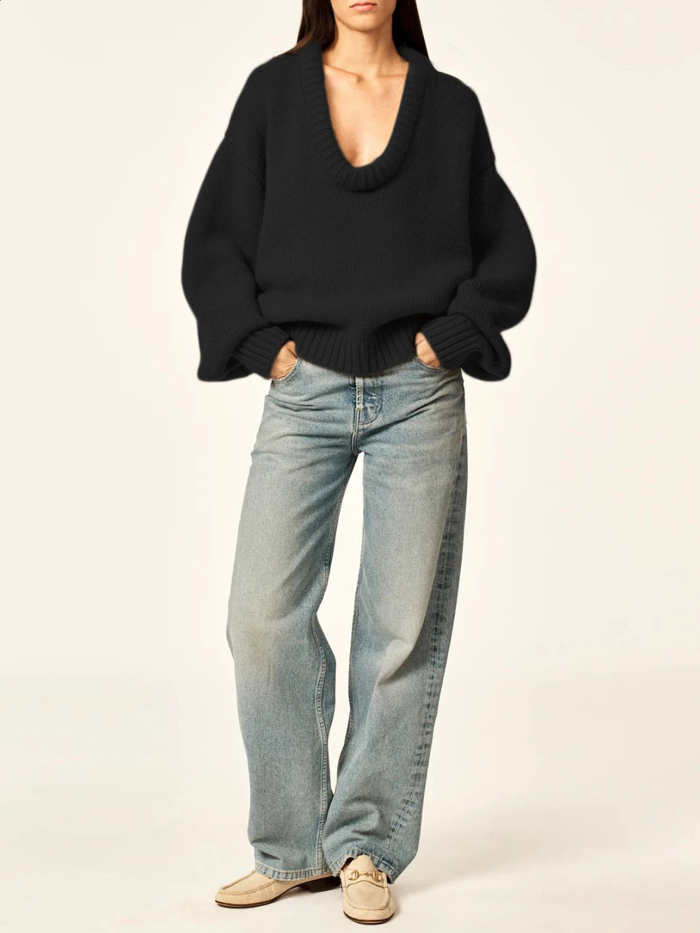 Autumn loose knit pull-out womens fashionable O-neck long sleeved sweater womens solid casual jumper 240927