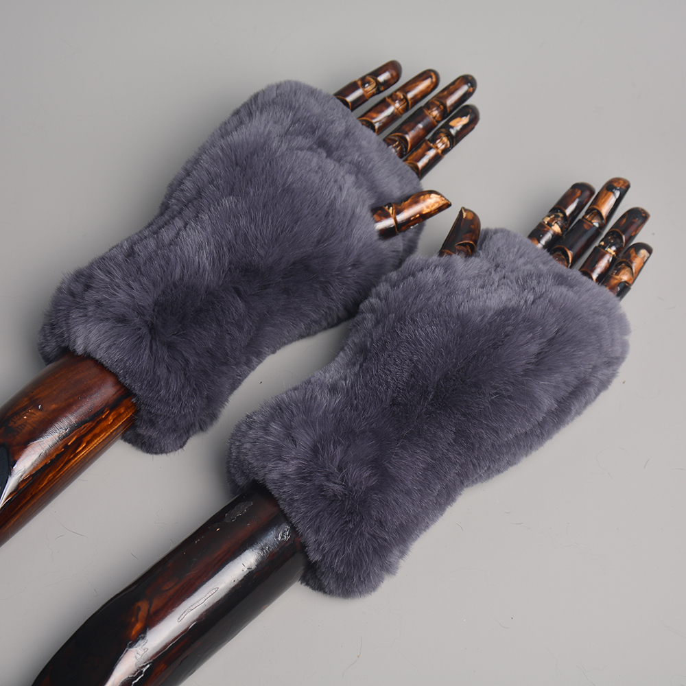 Women Genuine Knitted Rex Rabbit New Winter Warm Lady Real Fingerless Gloves Handmade Knit Fur Mitten