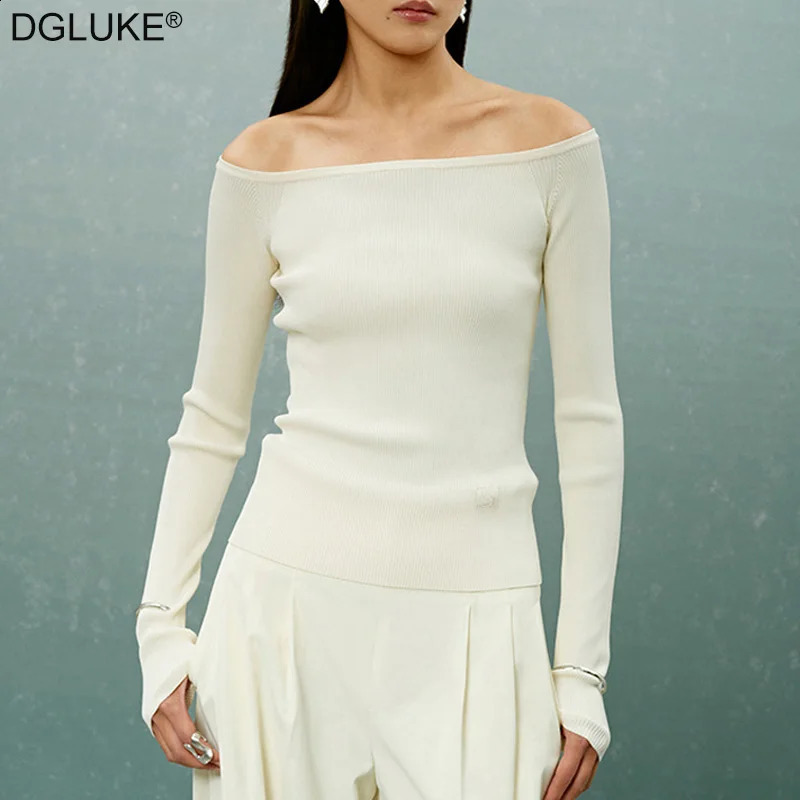 DGLUKE White Off Shoulder Sweater Womens Ribbon Knitted Long Sleeve Sweater Spring and Autumn Elegant Top 240927