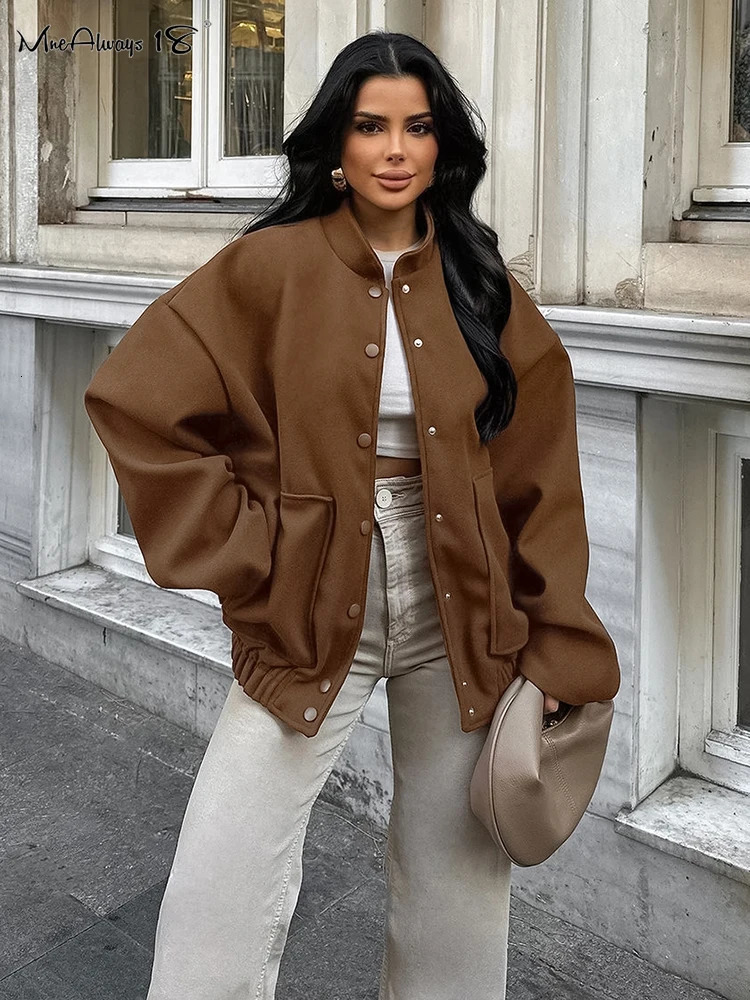 Mnealways18 Wool Warm Womens Brown Baseball Jacket Large Street Style Pocket Long Sleeve Top Autumn/Winter 240930