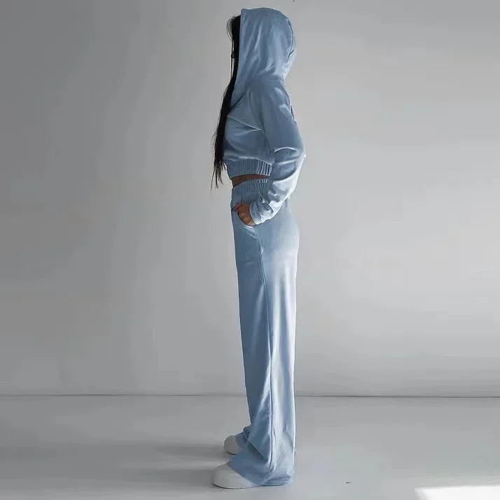 AutumnWinter Womens Casual Long Sleeve Hoodie Sportswear Solid Zipper Short Jacket with Track Clothing Two Piece Set 241007