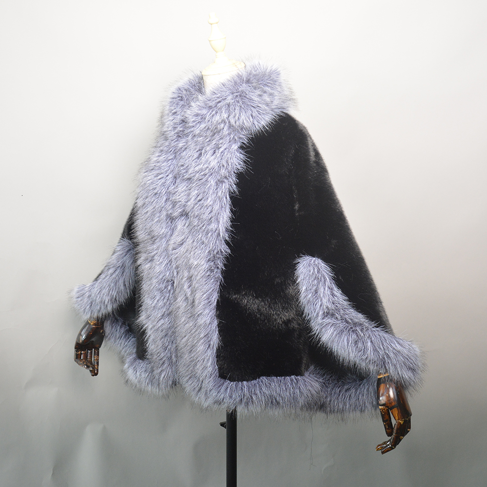 New Knitted Mink Shawl Coat With Fake Fox Fur Collar Womens Fashion Knit Jacket Cape