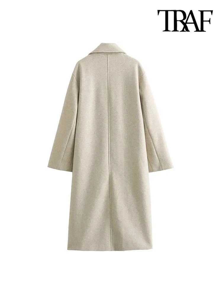 TRAF-Womens Soft Oversized Woolen Coat Long Sleeve Front Welt Pockets Female Outerwear Chic Overcoat FashionX241009