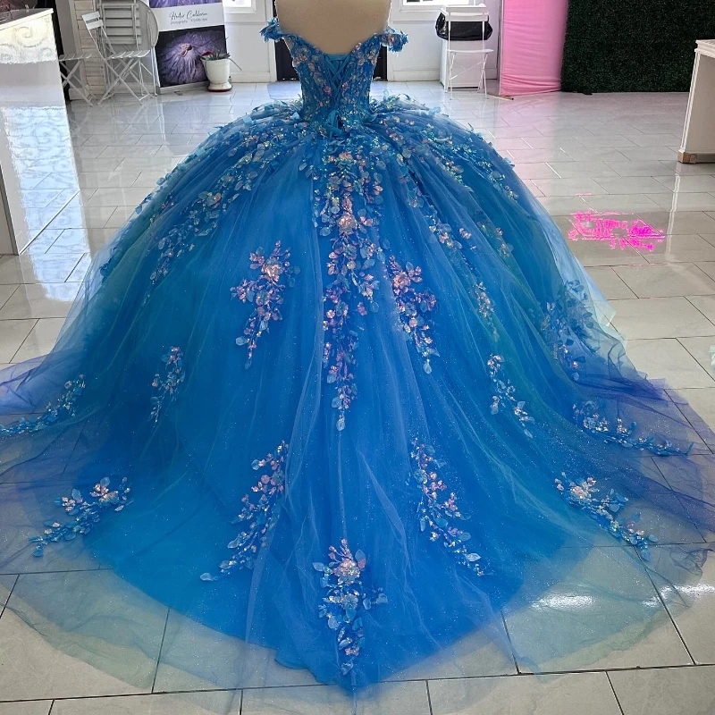 Light Blue Shiny Princess Quinceanera Dresses Ball Gown Off The Shoulder Sequin Applique Lace Beads Tull Corset Sweet 16 Vestidos De XV 15 Anos