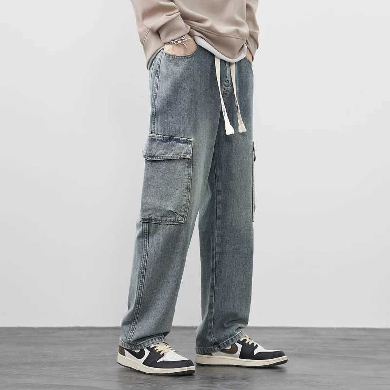 Cargo Pants Mens Straight Jeans Stretch Waist Casual Soft Sweatpants Male Clothing Vintage Baggy Denim TrousersX241009