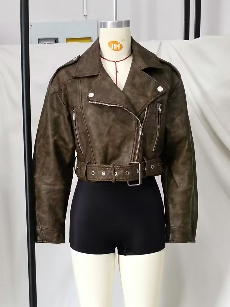 ZACK RAIN Women Faux With Belt Jacket 2022 Autumn Winter Ladies Leather Buckle Coat Vintage Zipper Female Chic Outwear