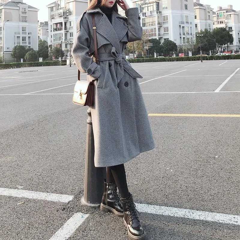 Womens Woolen Coat Autumn Winter Korean Long Sleeve Double Breasted Pocket Sashes Parkas Wool Jackets Loose All Match OvercoatX241009