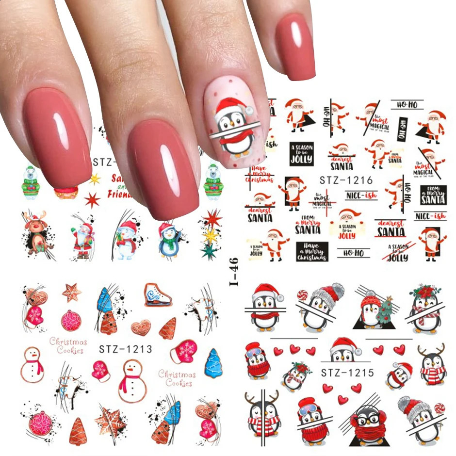 Cute Christmas Stickers Red Santa Claus Winter Human Model 4-in-1 Christmas Snowflake Leaves Waternail Stickers Tattoo DIY Decoration 241008