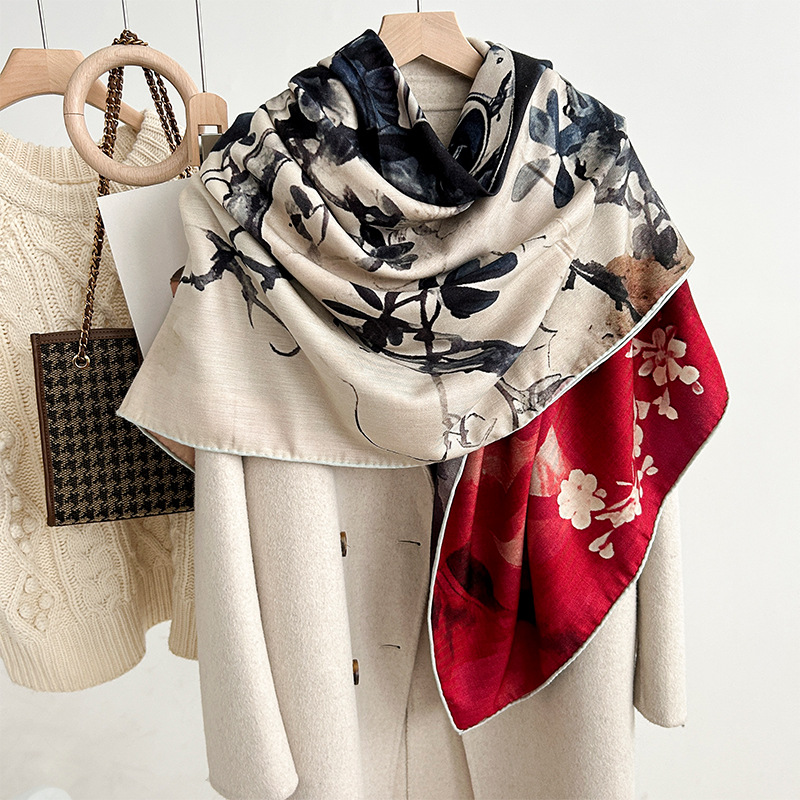 Scarves Silk wool square scarf for women's autumn and winter warmth, high-end feeling, 140 silk wool tropical jungle fashion silk scarf