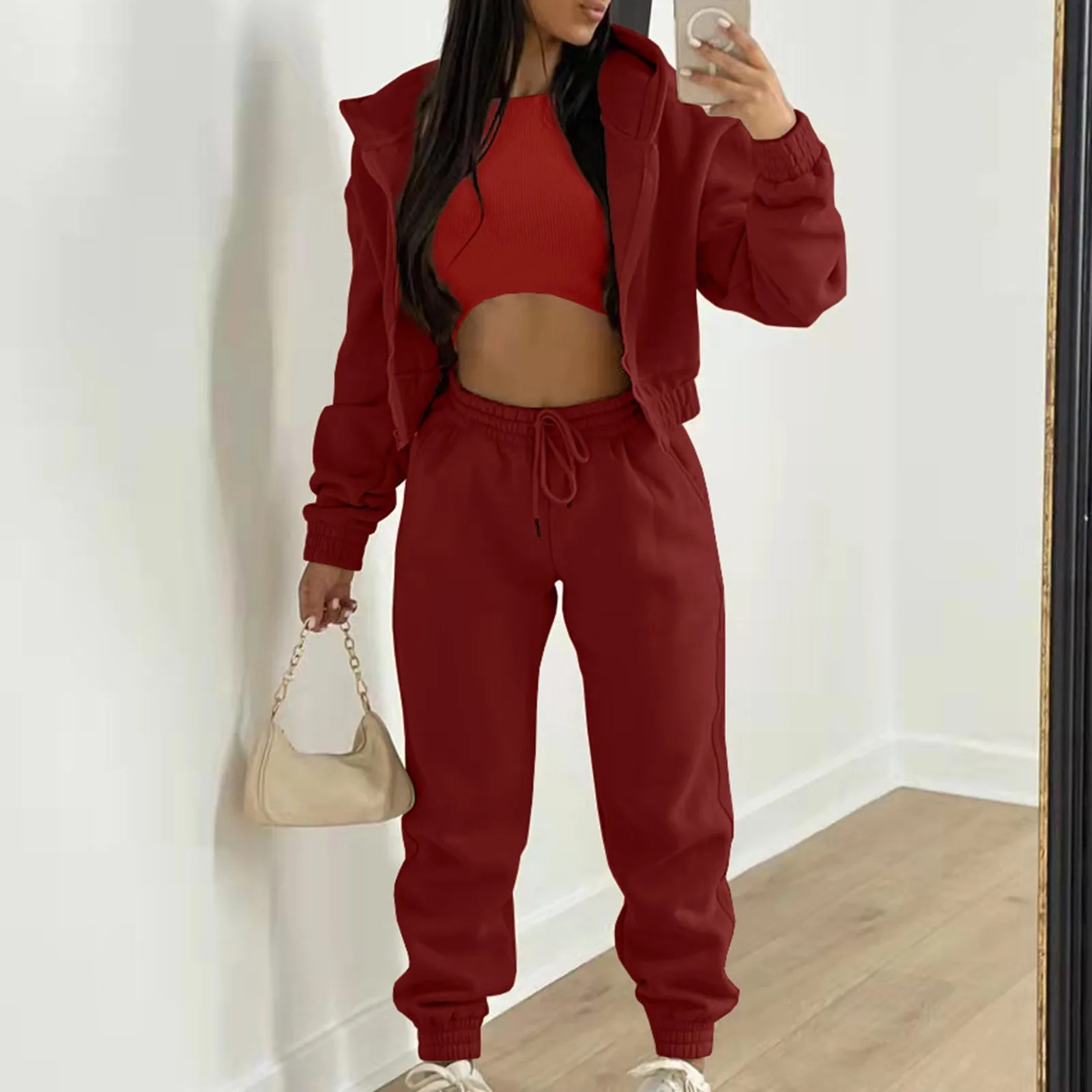 Womens 3piece casual long sleeved zipper hooded sweatshirtribbed vestwaist sports pants jogging set 241008