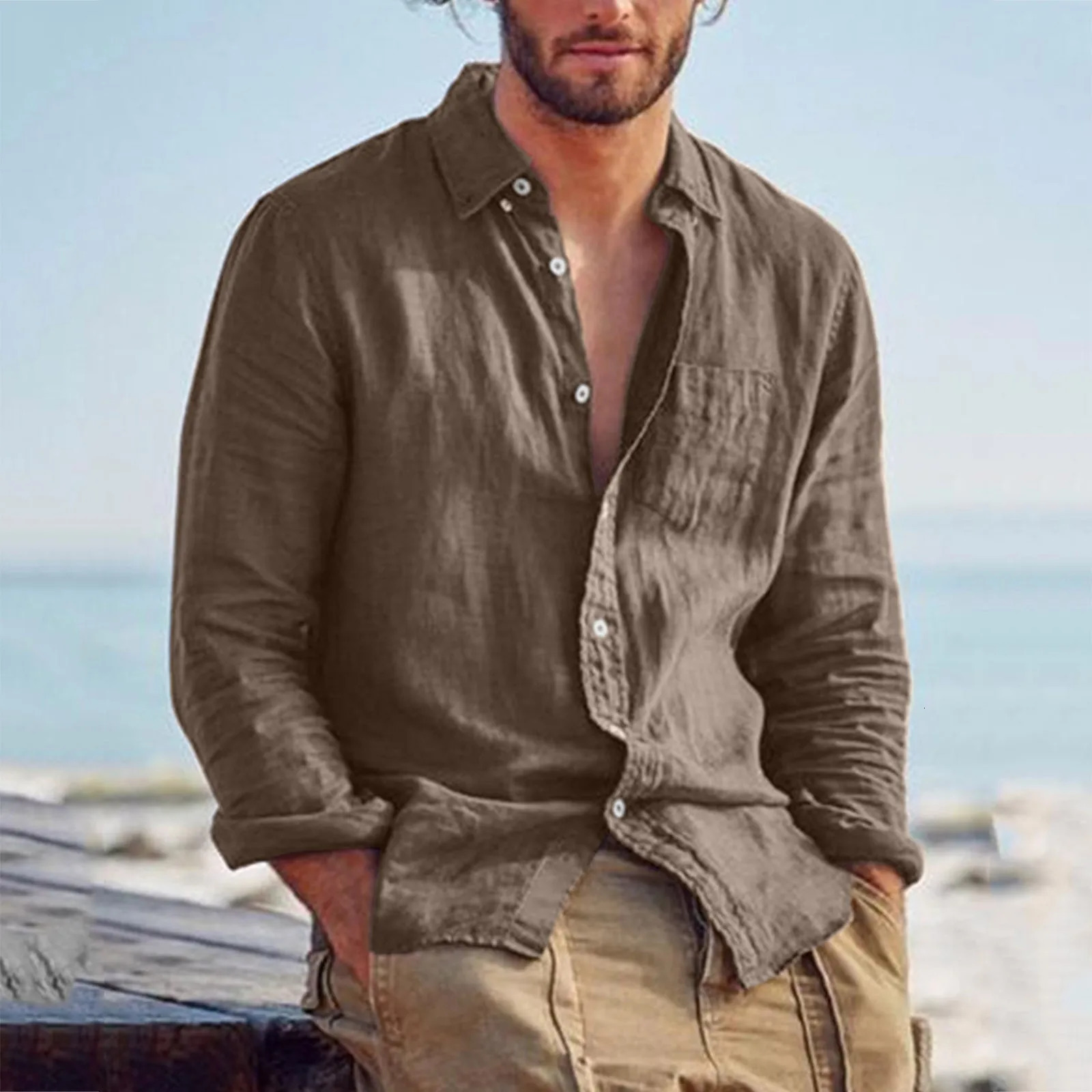 Mens green cotton linen casual shirt loose fitting long sleeved lapel Hawaiian shirt streetwear casual shirt 241009