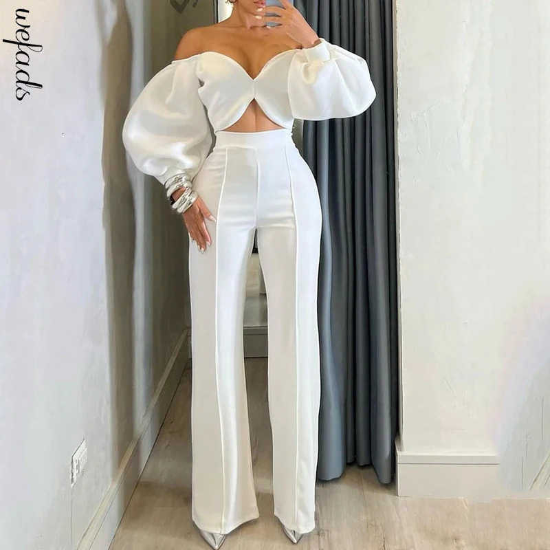 Wefads twopiece womens summer casual fashion solid shoulder light cover backless short top loose tight pants set 241008