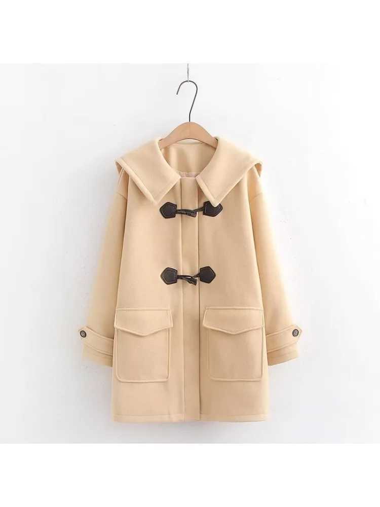 JK Thickened Add Cotton Wool Coat Female Autumn Winter Korean Woolen Jacket Horn Button Outerwear Long Preppy Style Ladies CoatX241009