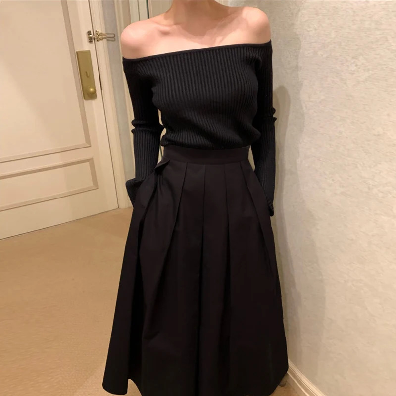 DGLUKE White Off Shoulder Sweater Womens Ribbon Knitted Long Sleeve Sweater Spring and Autumn Elegant Top 240927
