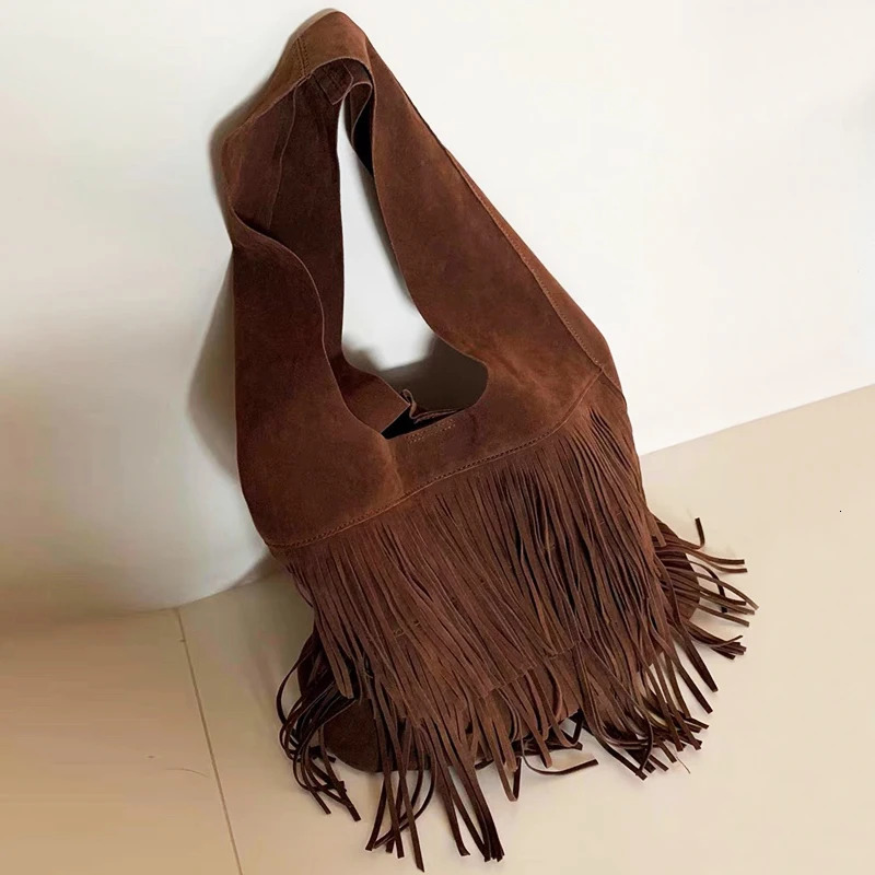Bohemian synthetic suede bucket bag womens er handbag wallet 2024 tassel inner pocket armpit shoulder 241008
