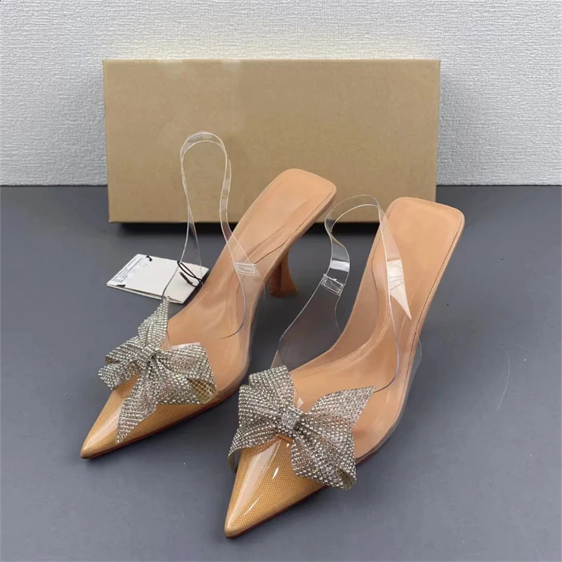 Point Head Womens High Heel Sandals Summer Water Diamond Bow Tie Strap Pump Womens Transparent Khaqi Sole Stiletto Shoes 240925