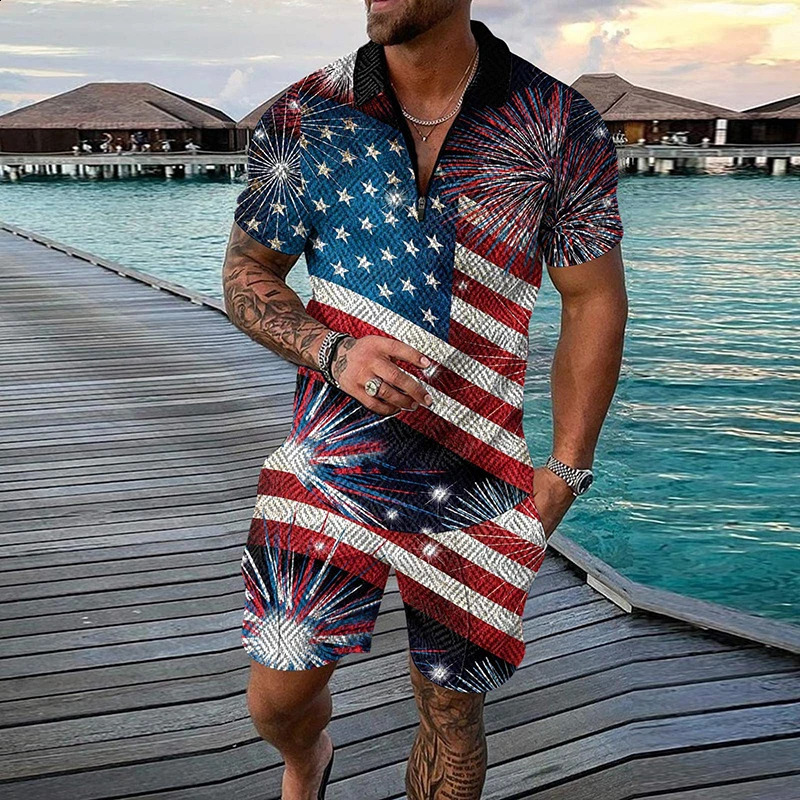 3D printed American flag mens track suit short sleeved zipper collar polo shirt short sleeved set 2-piece mens streetwear set 240930