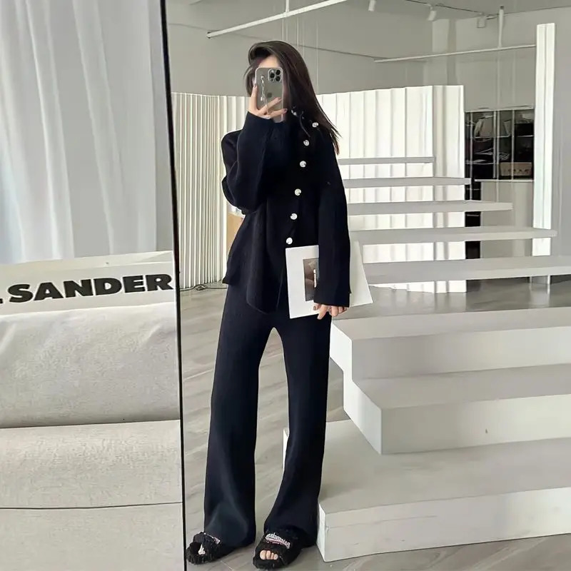 Womens semi high neck y knitted suit autumn and winter elegant fashionable casual sweater wide leg pants twopiece set 241008