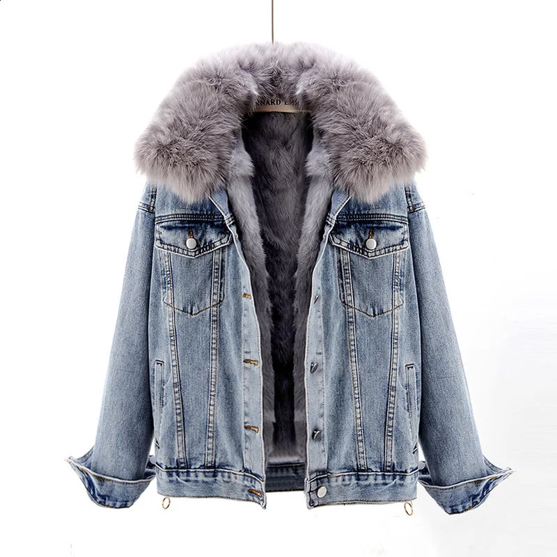 Winter Thick Real Fur Collar Rabbit Liner Denim Jacket Coat Women Outwear Loose Short Hem Split Fork Jeans Female 241008