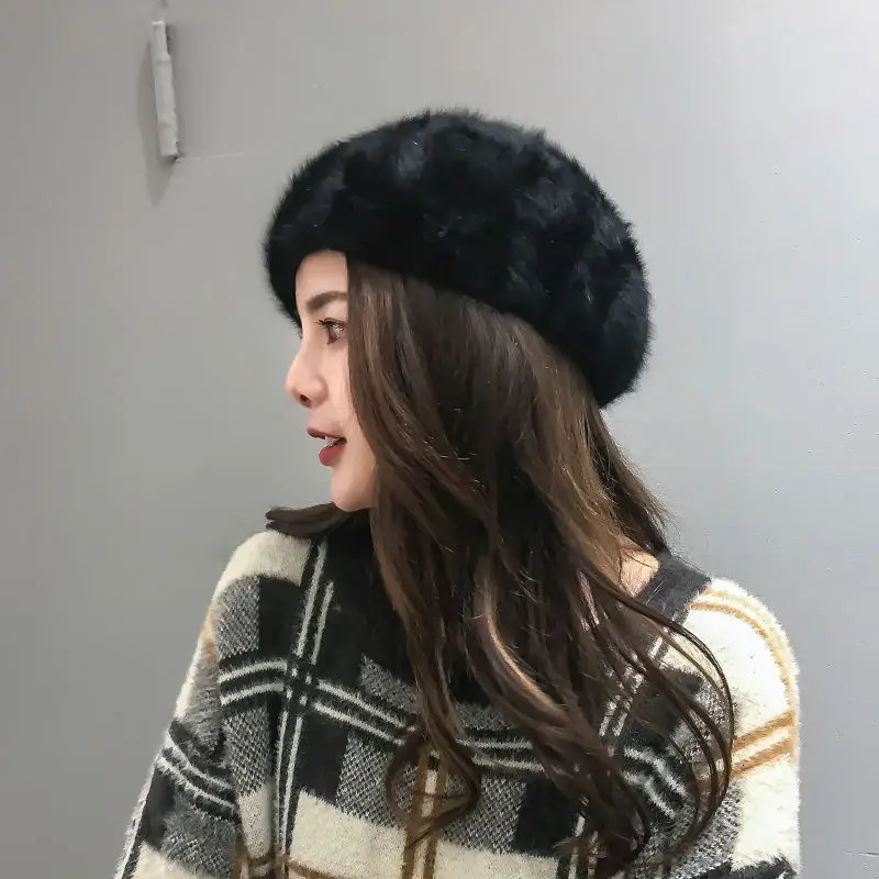 Black/White Fashionable Classic Womens Rabbit Fur Beret Autumn/Winter Warm Thick Plush Hat Casual Solid Color Elegant Sweet Beret 241007