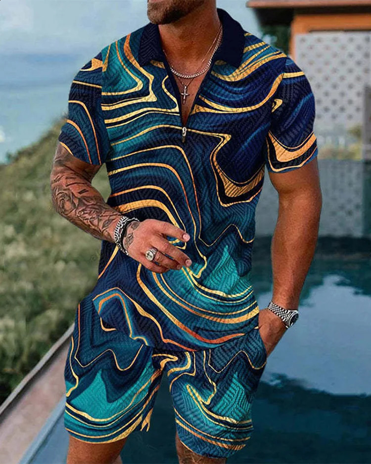 summer color printed mens track and field suit set casual zipper collar polo shirt and shorts 2-piece set fashionable mens clothing 240930