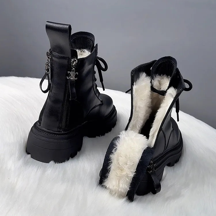 Womens snow boots winter shoes womens plush round toe flat heel leather Lolita womens Med fur 241007