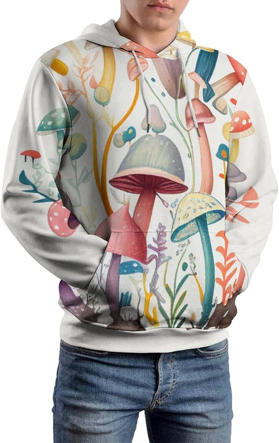 Hoodie for Mens Womens Mens Colorful Neon Magic Mushroom Hoodie 3D Printing Wild Fungus Cartoon Pattern Long Sleeve Casual Sweatshirt Graphic