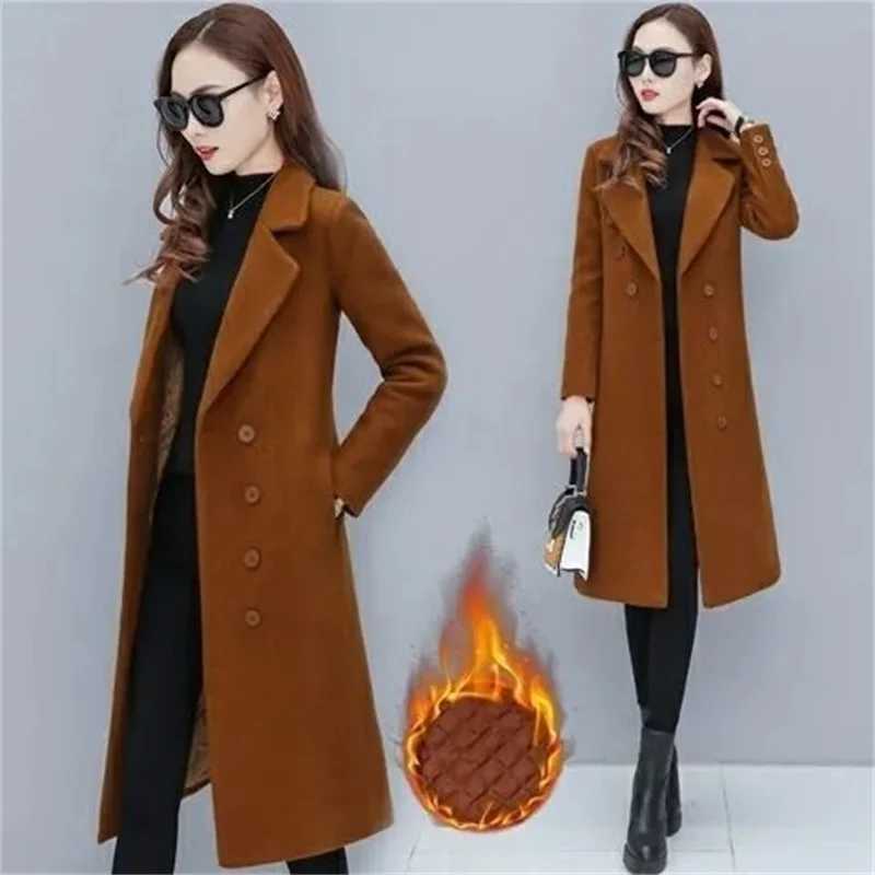 Female Woolen Coat Velvet 2023 Womens Double-Breasted Woolen Coat Spring and Autumn Woolen Coat Fashion Suit Collar ThickTrenchX241009