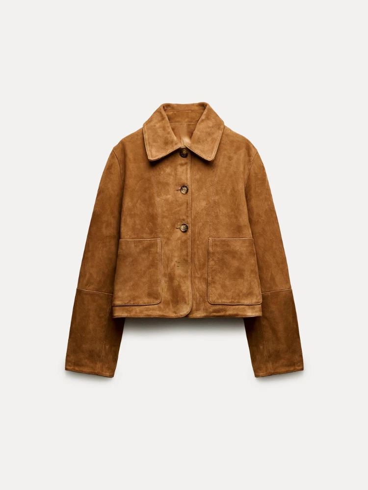 RR3359 Womens Short Leather Suede Jacket Collar Long Sleeve Spring Jacket Waterproof Cloth Zaba Womens 3-Button Front 241009